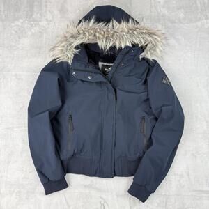Hollister Faux Fur Hood Jacket Navy Cropped Winter Coat Women S Fleece Lined Y2K